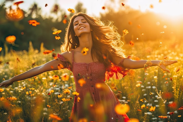 Una donna in un campo di fiori con il sole che le splende sul viso