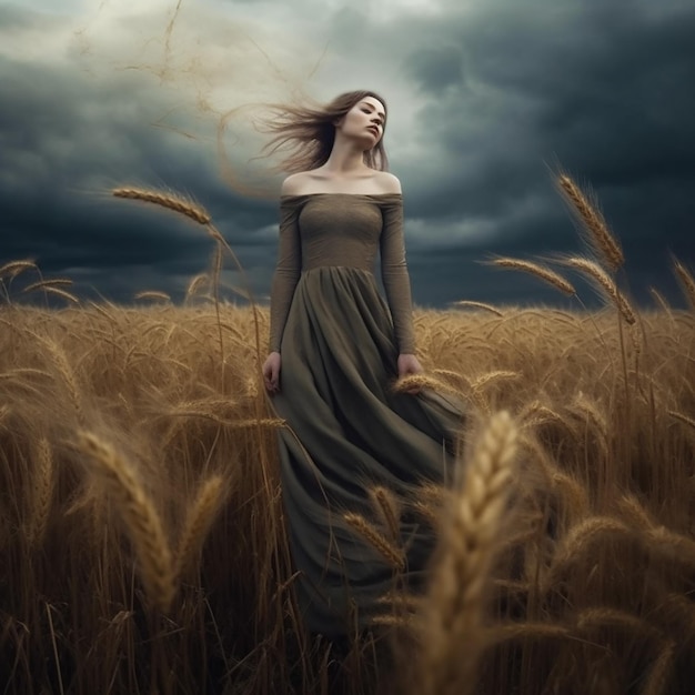 Una donna in un campo di grano con il cielo alle spalle