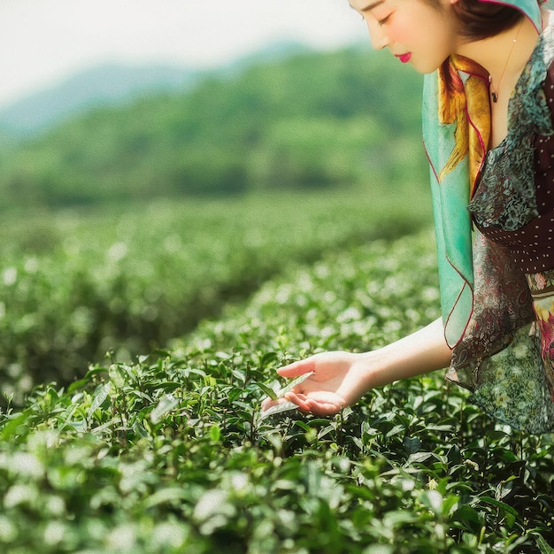 Una donna in un campo di tè verde con una pianta verde sullo sfondo.