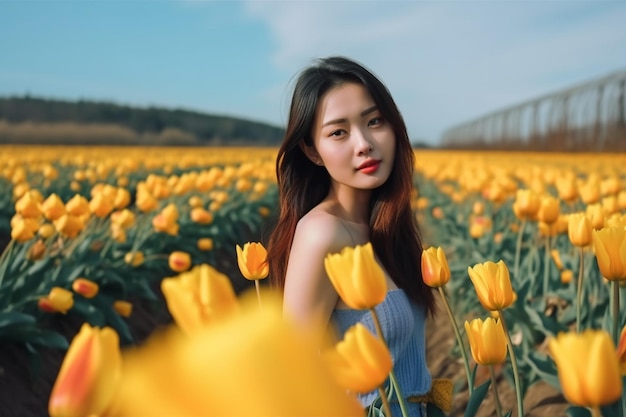 Una donna in un campo di tulipani gialli