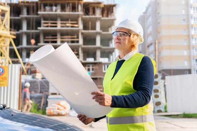 Una donna in un cantiere edile con un giubbotto blu e un casco Una donna di mezza età con un progetto e dei disegni ispeziona la costruzione