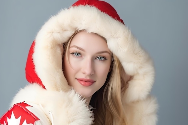 Una donna in un cappello da Babbo Natale con un camice bianco