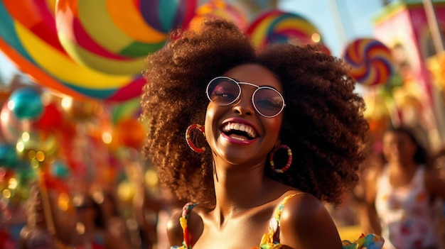 Una donna in un carnevale colorato che indossa occhiali da sole sorride e ride.