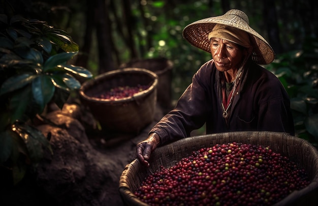 Una donna in un cesto di chicchi di caffè