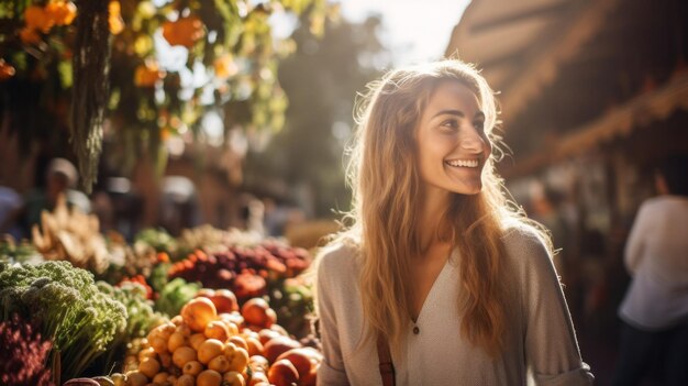 Una donna in un comodo abbigliamento casual si gode una piacevole passeggiata in un mercato agricolo, il suo comportamento rilassato evidenzia il suo stile di vita rilassato