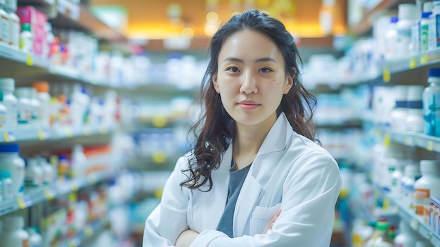 Una donna in un corridoio di una farmacia circondata da scaffali di farmaci e prodotti sanitari