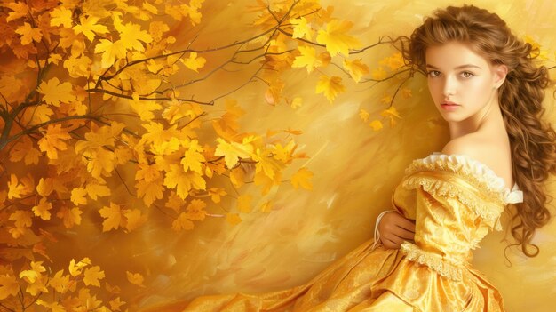 Una donna in un costume d'epoca posa con foglie d'autunno dorate che incarnano l'eleganza