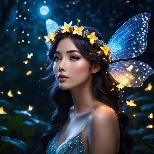 una donna in un costume di fata con una farfalla blu sulla testa