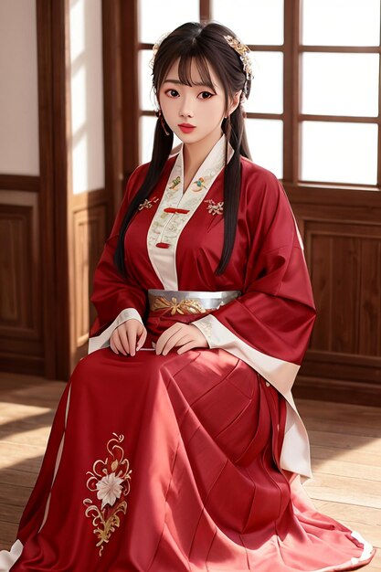 Una donna in un costume di hanfu cinese rosso