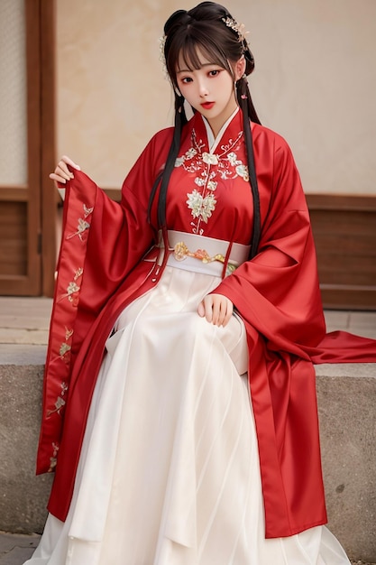 Una donna in un costume di hanfu cinese rosso