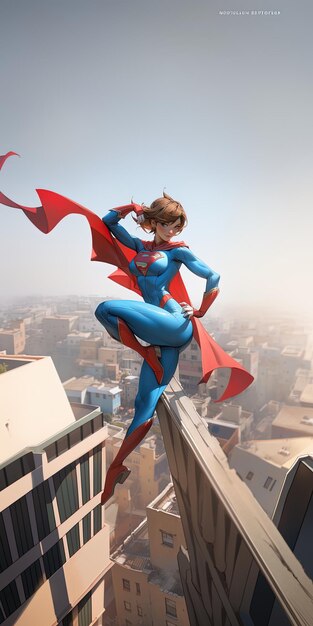 una donna in un costume di supereroe sta volando sopra una città