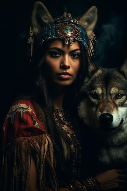 Una donna in un costume indiano nativo americano si trova accanto a un lupo.