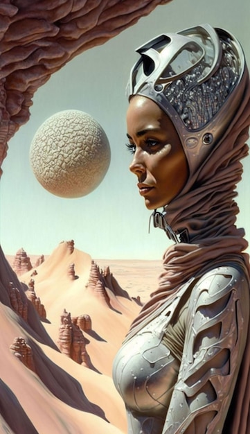 Una donna in un deserto con un pianeta in testa