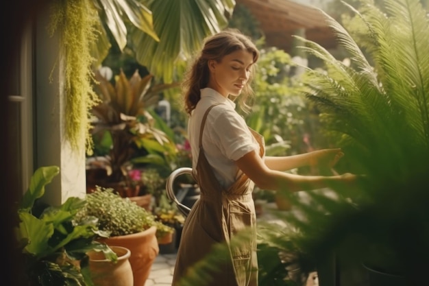 Una donna in un giardino all'aperto è in piedi in un vaso con piante e una fioriera.