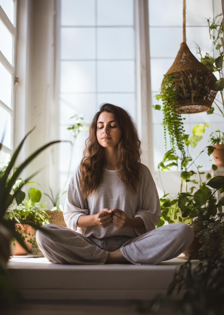 Una donna in un interno minimalista sta meditando Yoga e riposa piante verdi interne AI generativa