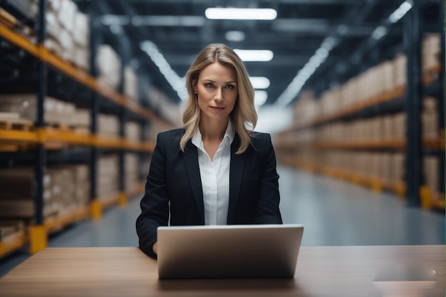 una donna in un magazzino con un laptop e un laptop