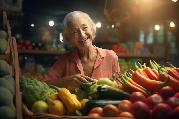 Una donna in un mercato con in mano un cesto di verdure