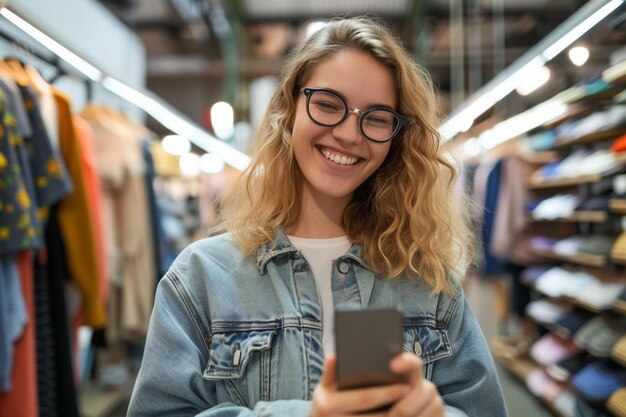 una donna in un negozio che guarda il suo cellulare