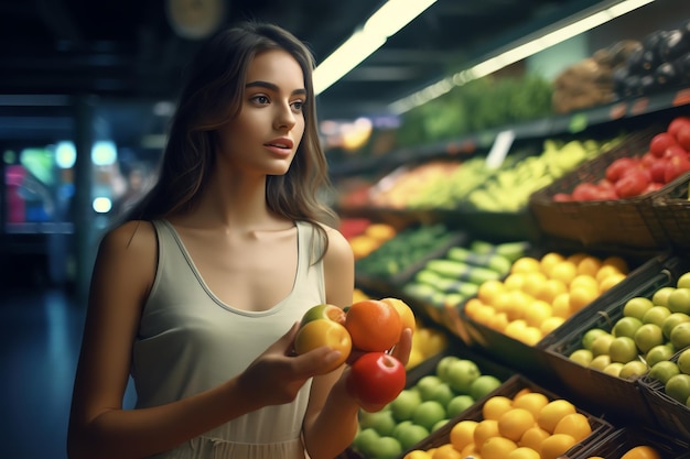 Una donna in un negozio di alimentari con frutta e verdura