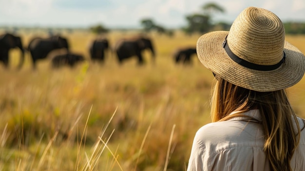 Una donna in un safari che indossa un cappello di paglia