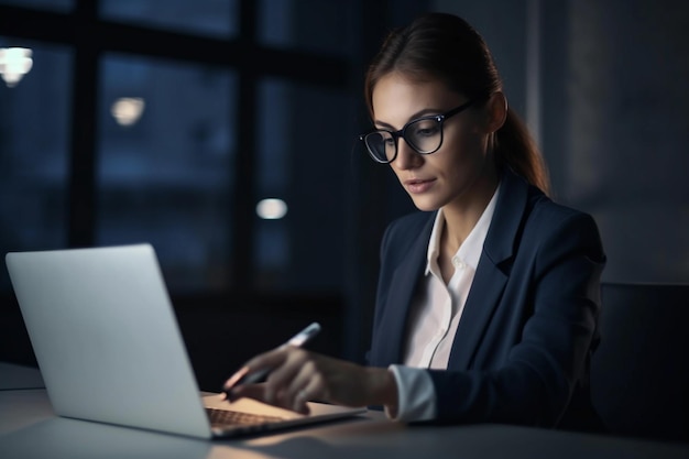 Una donna in un ufficio buio sta lavorando su un computer portatile.