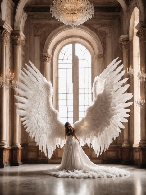 Una donna in un vestito bianco con grandi ali bianche