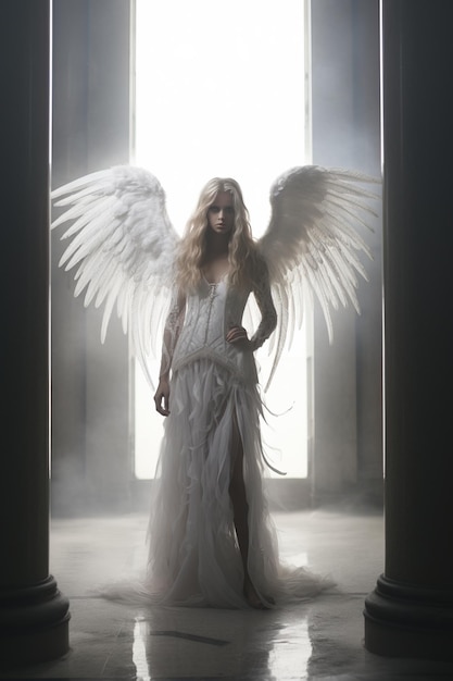 una donna in un vestito bianco con le ali