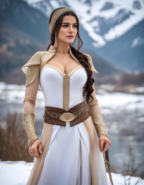 una donna in un vestito bianco con rivestimento d'oro e una cintura d'oro è in piedi di fronte a una montagna innevata