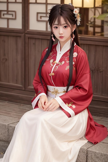 Una donna in un vestito cinese rosso di hanfu