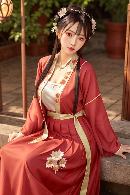 Una donna in un vestito cinese rosso di hanfu