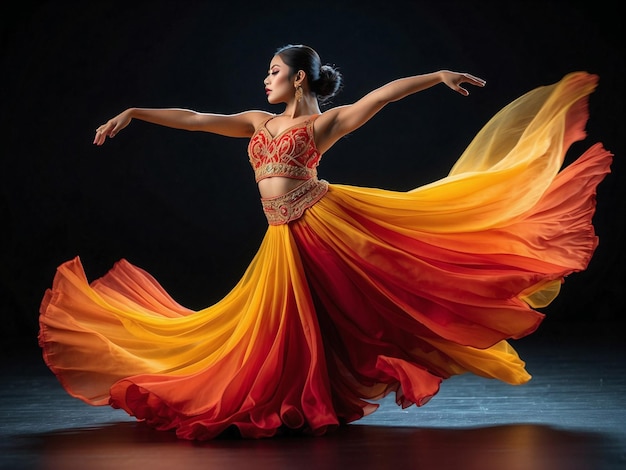 una donna in un vestito colorato con giallo e arancione sta ballando sul palco