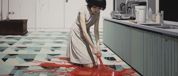 una donna in un vestito con una vernice rossa sul pavimento