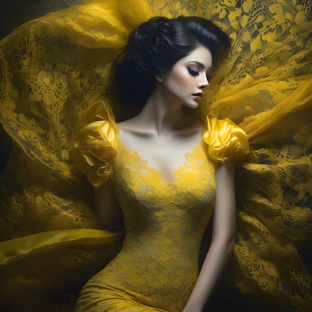 una donna in un vestito giallo con un vestito Giallo sulla schiena