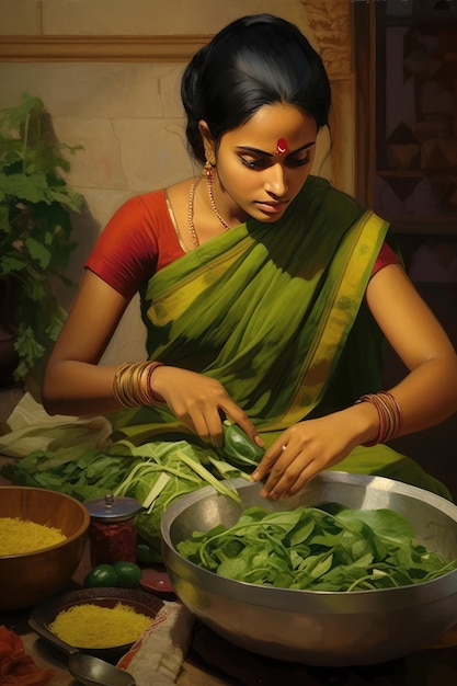 Una donna in un vestito indiano che prepara i verdi in una ciotola