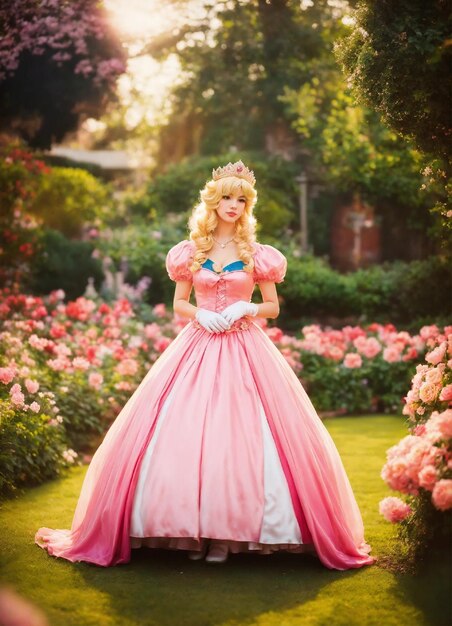 una donna in un vestito rosa con un nastro blu sulla testa sta posando in un giardino