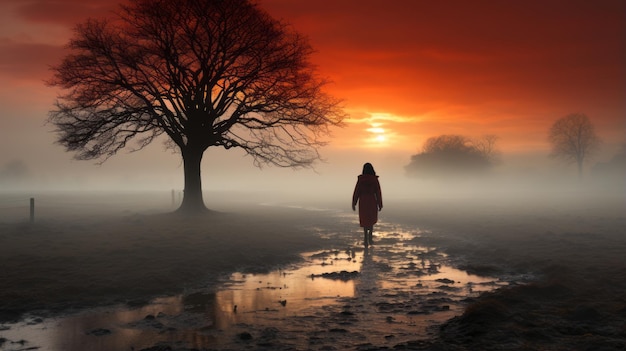 una donna in un vestito rosso che cammina attraverso un campo nebbioso al tramonto