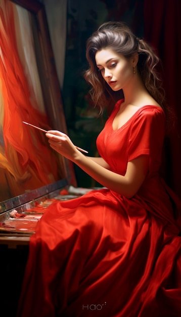 una donna in un vestito rosso che dipinge con un pennello.