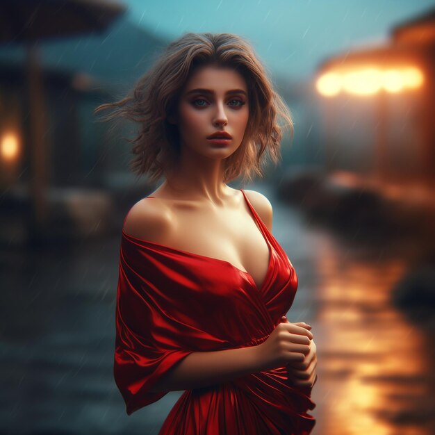 una donna in un vestito rosso con i capelli lunghi