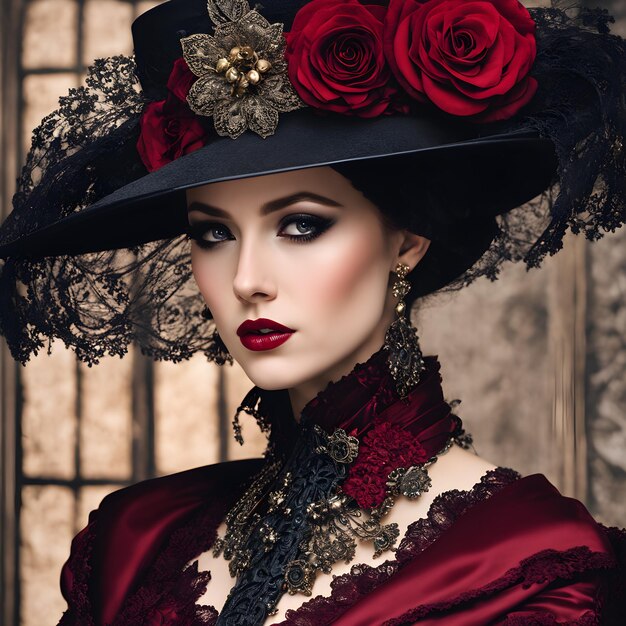 una donna in un vestito rosso con un cappello nero e rose rosse