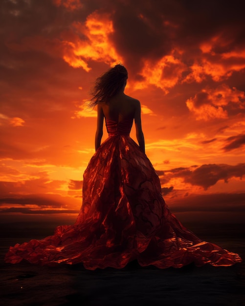 una donna in un vestito rosso in piedi sulla spiaggia al tramonto