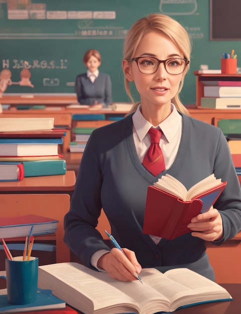 una donna in una classe con un libro in mano