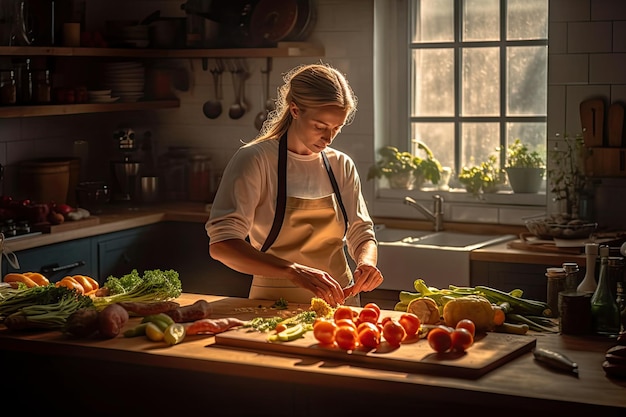 Una donna in una cucina che taglia le verdure su un taglio