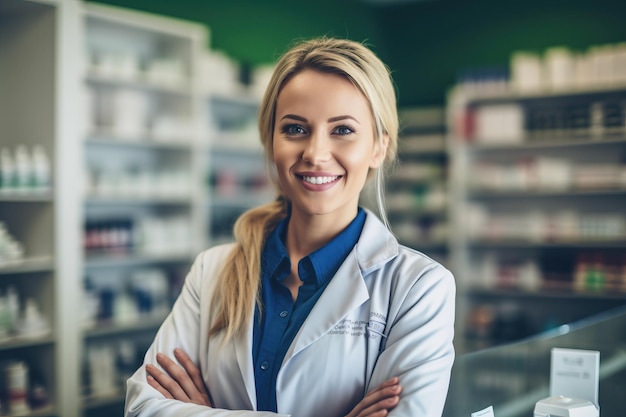 Una donna in una farmacia con le braccia incrociate si trova davanti al bancone di una farmacia.