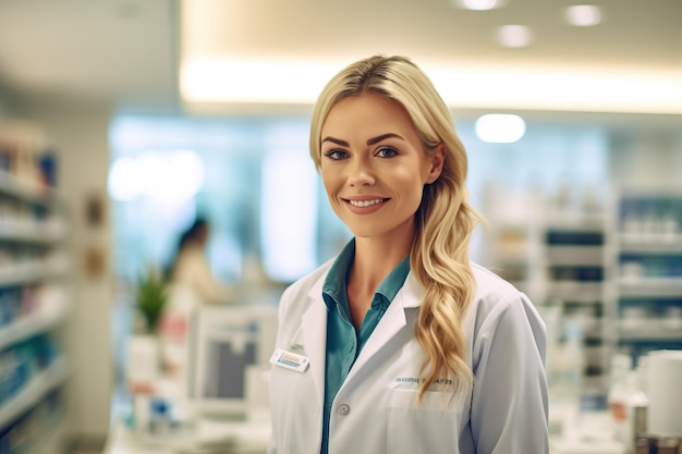 Una donna in una farmacia con un sorriso sul volto