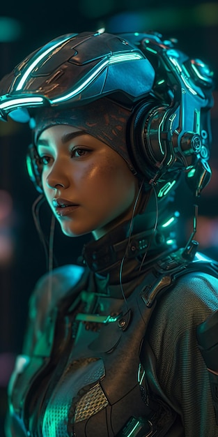 Una donna in una futuristica tuta spaziale con casco e microfono.