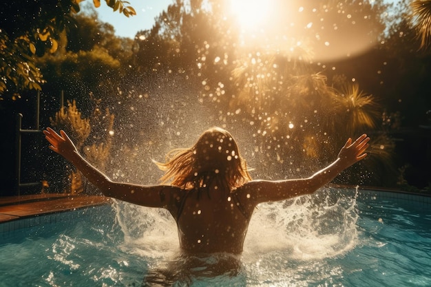 Una donna in una piscina che gioca con l'acqua