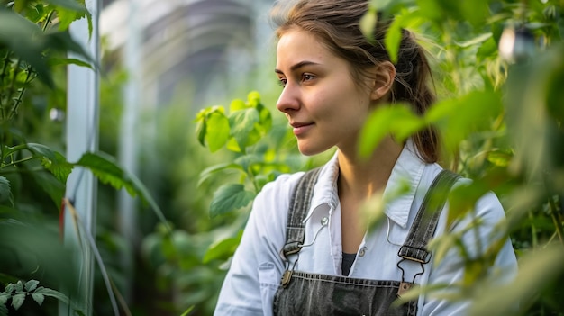 una donna in una serra che guarda una pianta con un sorriso sul viso