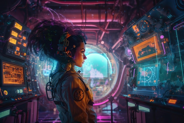 Una donna in una tuta spaziale futuristica guarda lo schermo di un computer con sopra la parola cyberpunk.