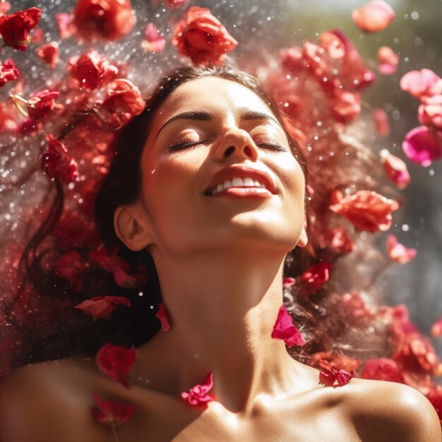 Una donna in una vasca da bagno con dei fiori in testa