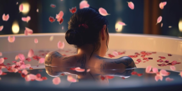 Una donna in una vasca da bagno con fiori sul retro